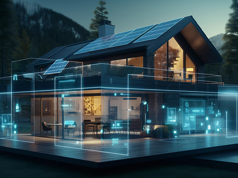 Una casa con pannelli solari e un'interfaccia digitale per il monitoraggio dell'energia.