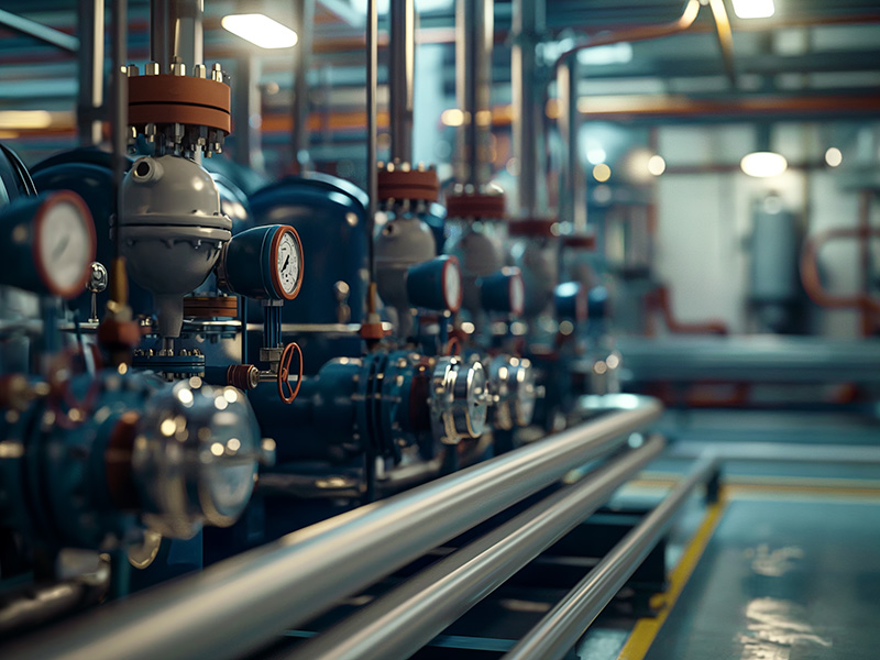 Sistema di condotte per gas industriale: tubi di metallo collegati tra loro, che trasportano gas per scopi industriali.